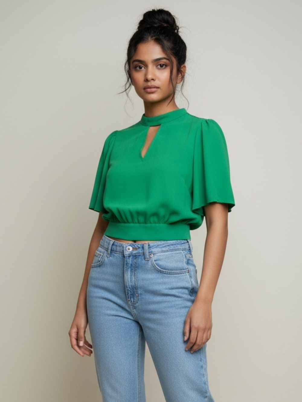 Jealous Tomato Green Mock Neck Flutter Sleeve Tie Back Crop Top Size M JT8314